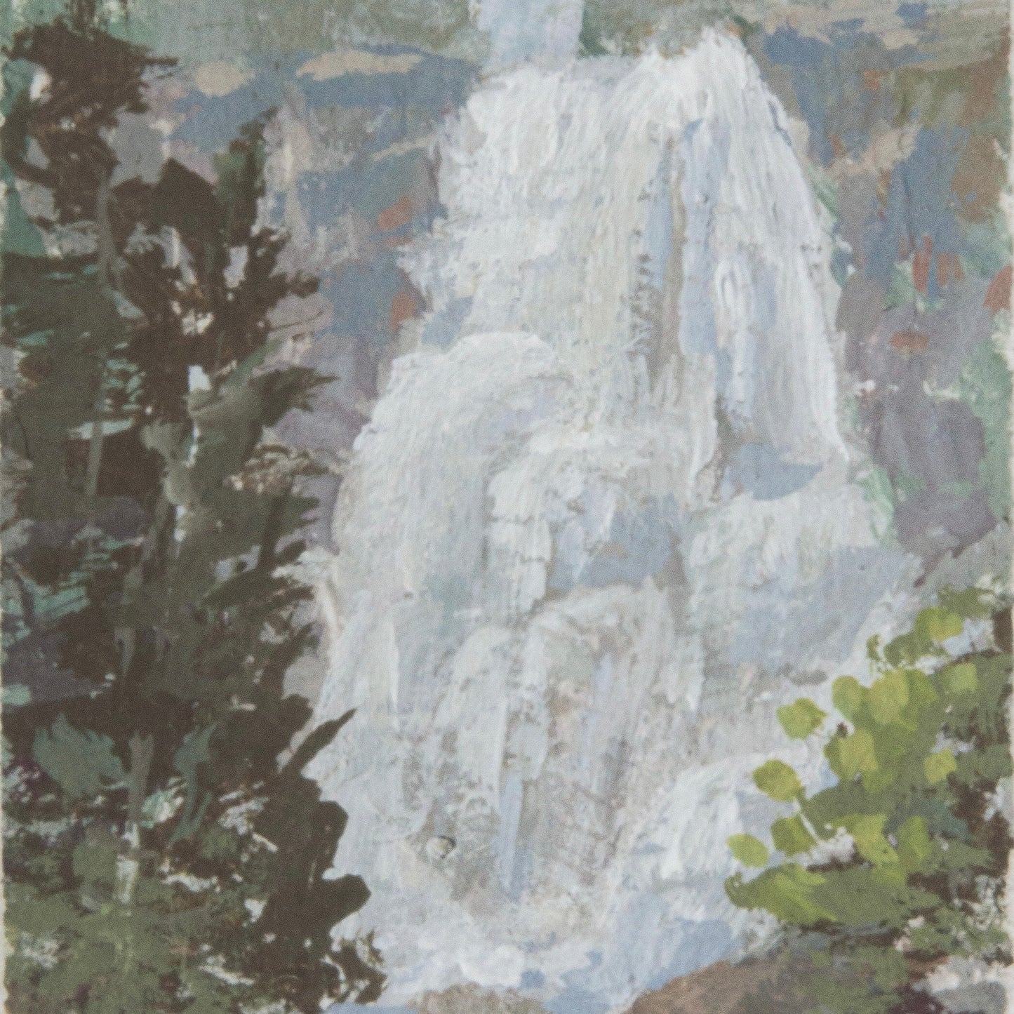 Close-up detail of plein air brushstrokes and waterfall and greenery textures in Grizzly Falls at Kings Canyon National Park art