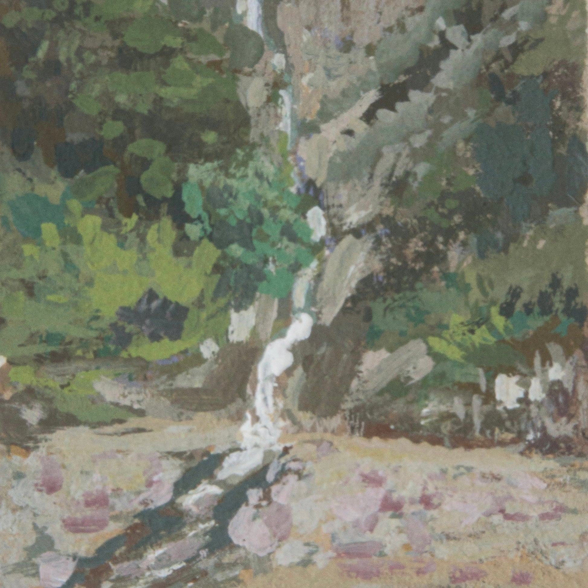 Close-up detail of plein air brushstrokes and waterfall, grassy textures in Kings Canyon National Park art