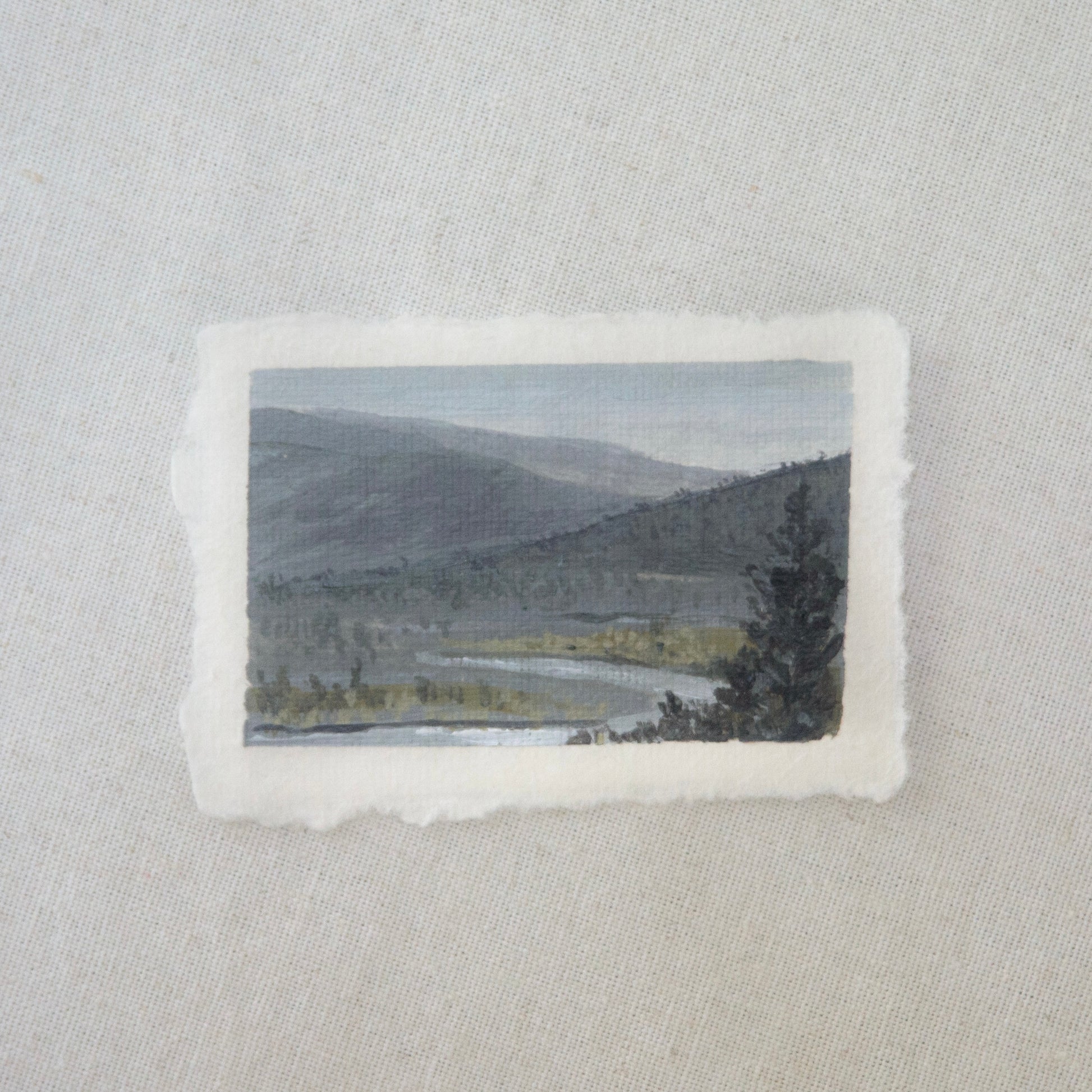 Lassen Volcanic overlook of river and mountains at kings creek falls trail miniature acrylic painting from Lassen Volcanic National Park by Laura Van Moorleghem