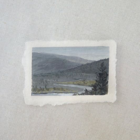 Lassen Volcanic overlook of river and mountains at kings creek falls trail miniature acrylic painting from Lassen Volcanic National Park by Laura Van Moorleghem