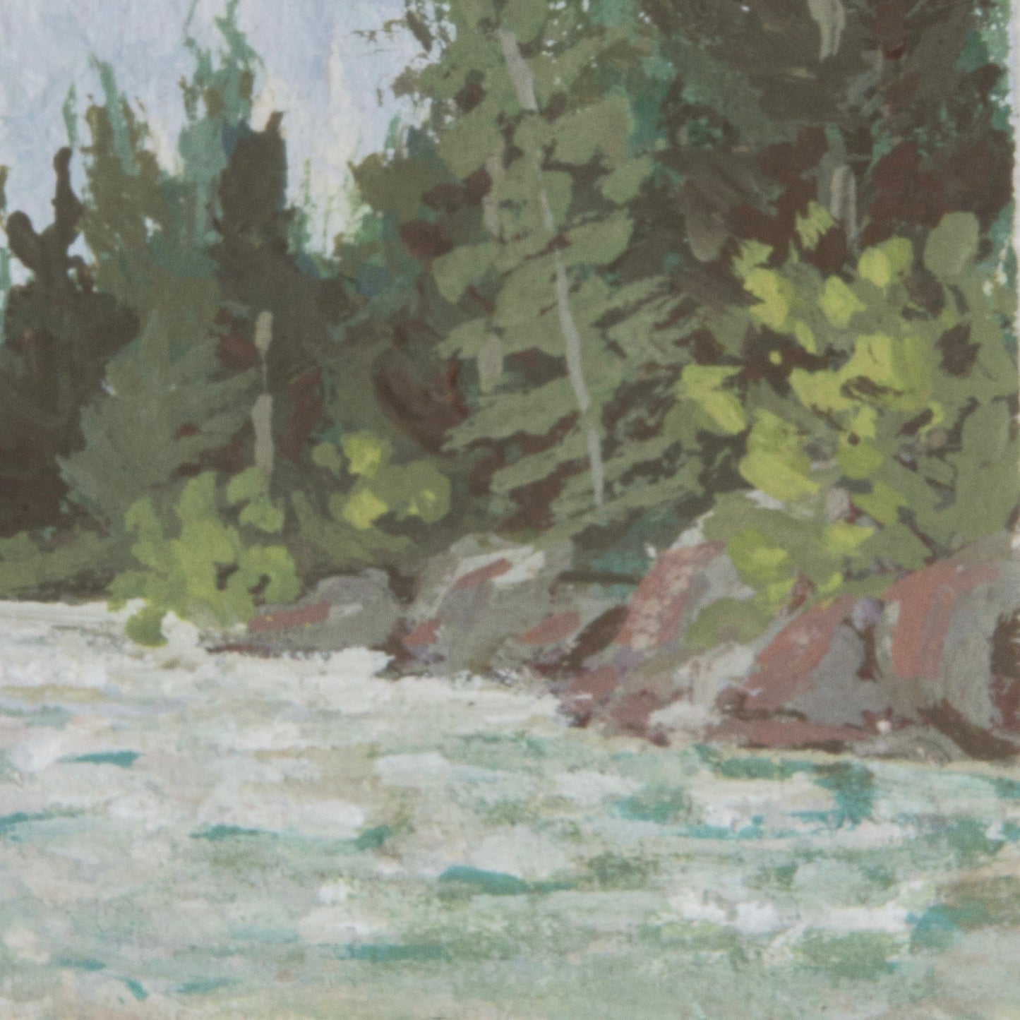 Close-up detail of plein air brushstrokes and blue river and green foliage textures in Kings Canyon River at Kings Canyon National Park art