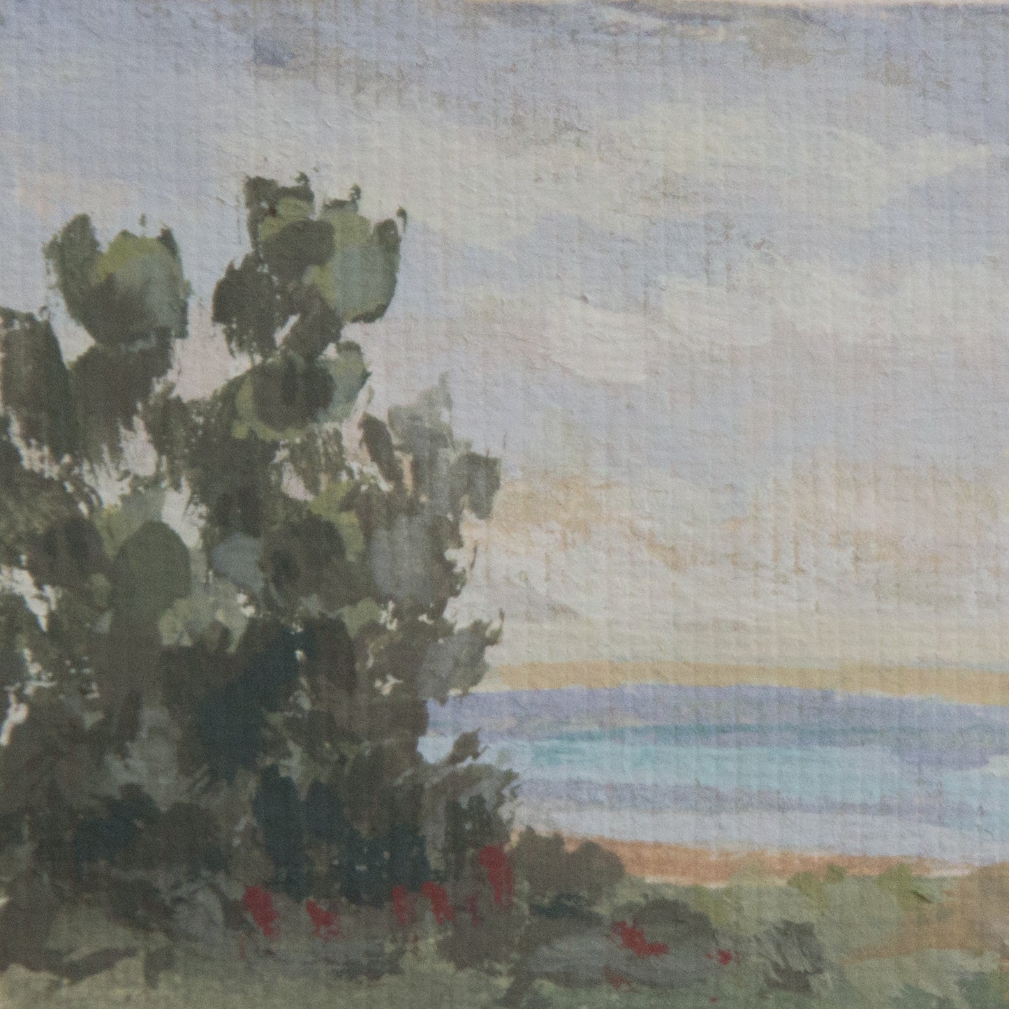 Close-up detail of plein air brushstrokes and lush green tree and ocean textures in Santa Cruz Island Channel Islands National Park art