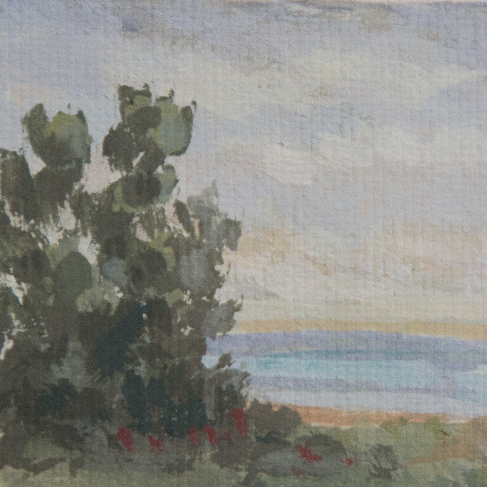 Close-up detail of plein air brushstrokes and lush green tree and ocean textures in Santa Cruz Island Channel Islands National Park art