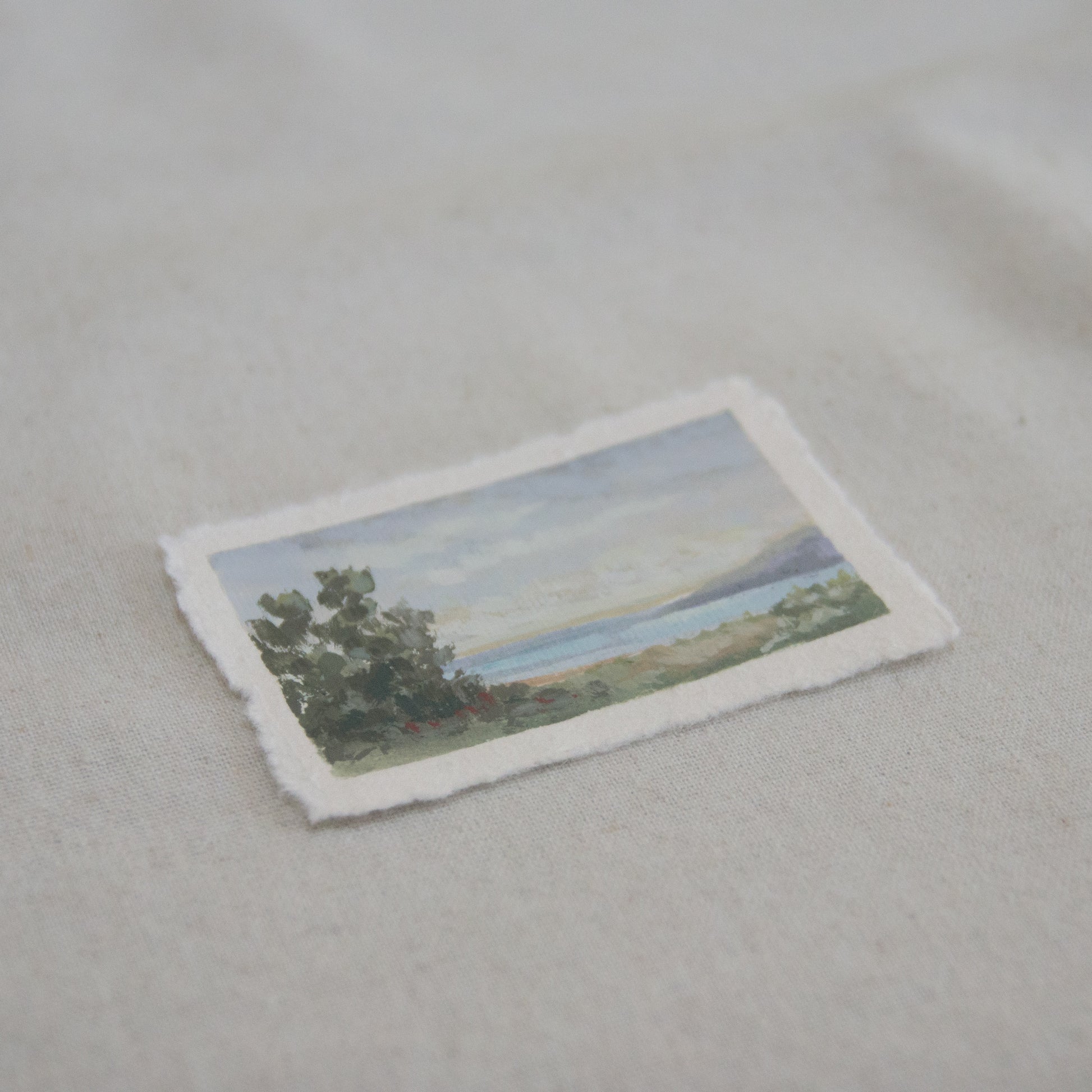 Side profile of a mini painting of trees and ocean in Channel Islands National Park  mini painting on deckled edge 100% cotton rag paper