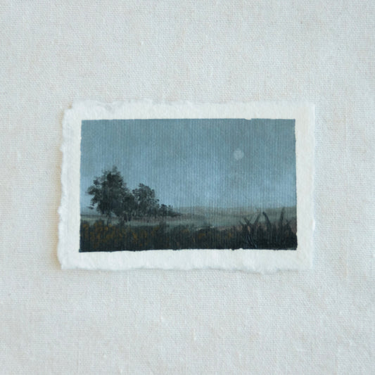 Point reyes trees and hillside under moonlight miniature acrylic painting from Point Reyes National Seashore by Laura Van Moorleghem