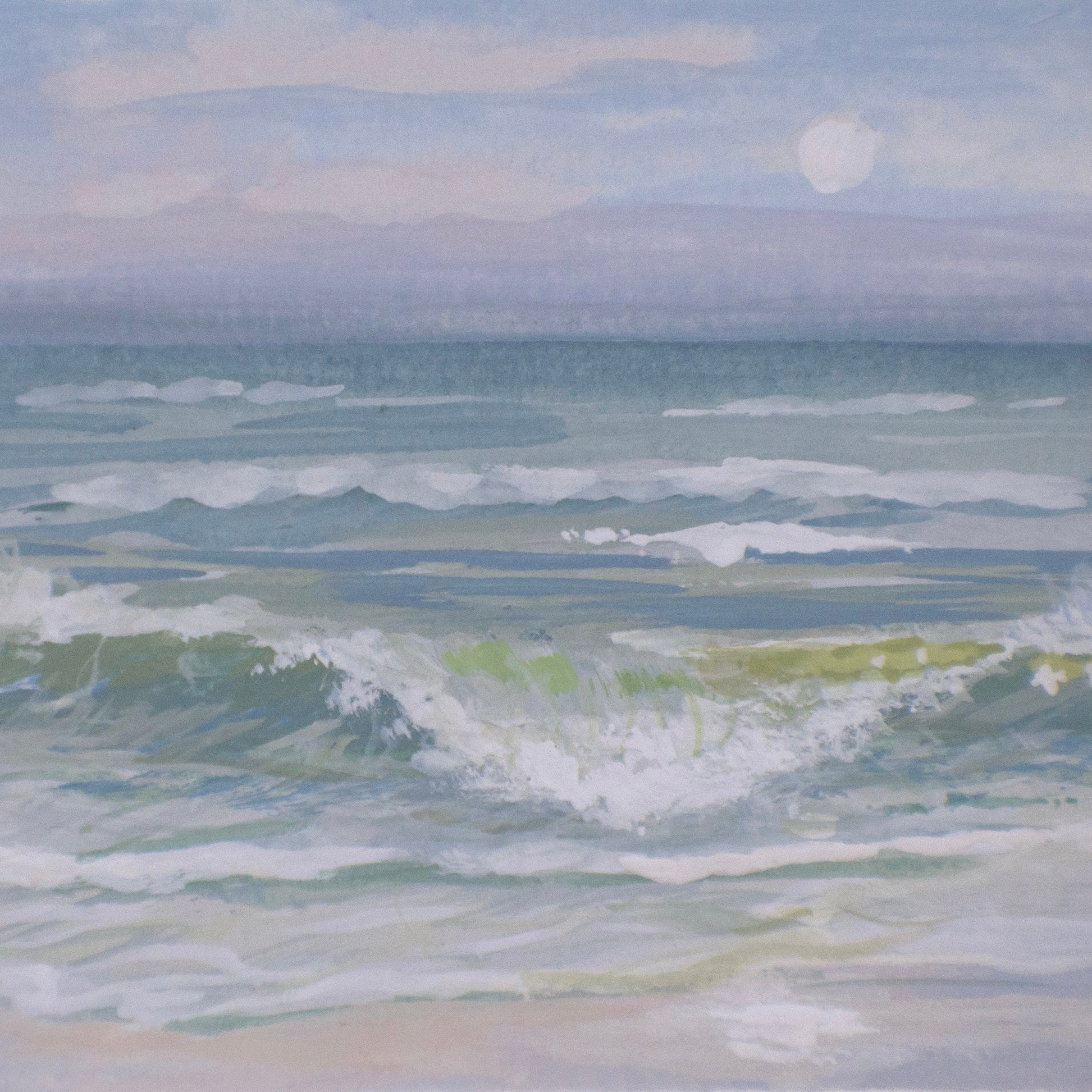 Close-up detail of plein air brushstrokes and large crashing wave textures in gulf islands national seashore art