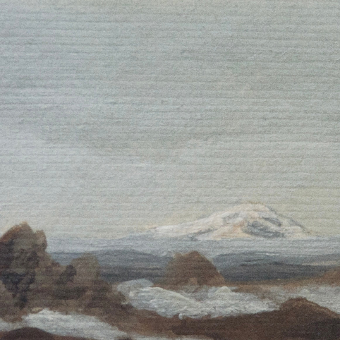 Close-up detail of plein air brushstrokes and mount Shasta snowy textures in Lassen Volcanic peak at Lassen Volcanic National Park art