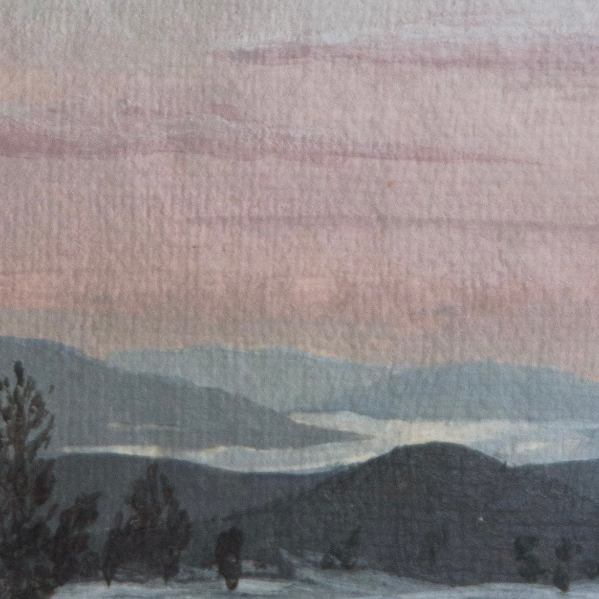 Close-up detail of plein air pink brushstrokes and  sunset, mountain, and lake textures at an overlook in Lassen Volcanic National Park art