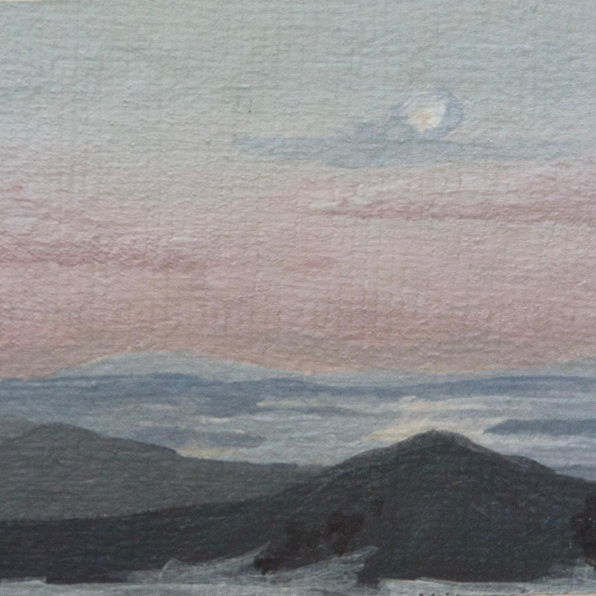 Close-up detail of plein air pink and blue brushstrokes and  sunset, mountain, and lake textures at an overlook in Lassen Volcanic National Park art