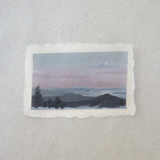 Lassen Volcanic overlook of lakes at sunset at Lassen peak scenic vista miniature acrylic painting from Lassen Volcanic National Park by Laura Van Moorleghem
