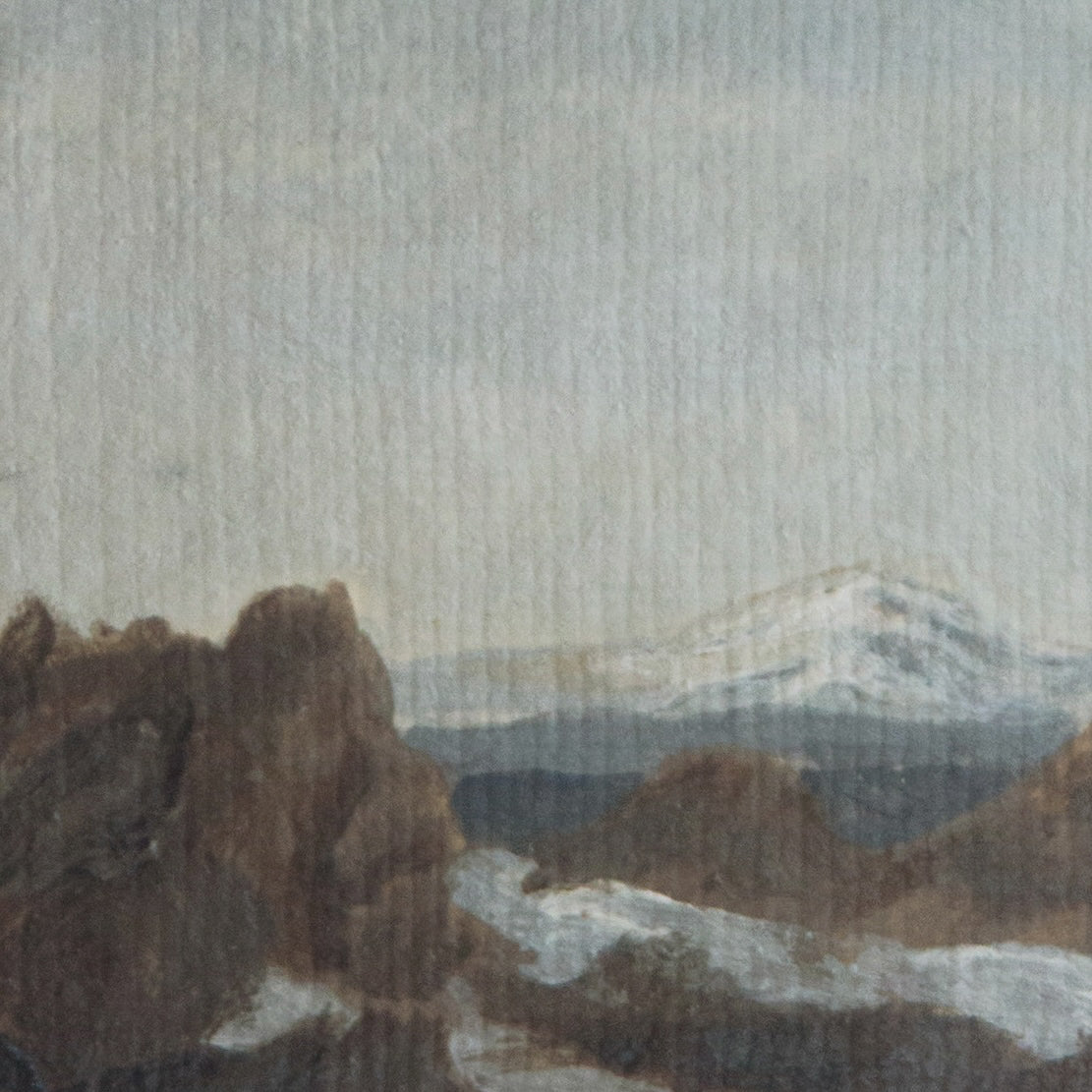 Close-up detail of plein air brushstrokes and jagged volcanic rocks with mount Shasta textures at an overlook in Lassen Volcanic National Park art