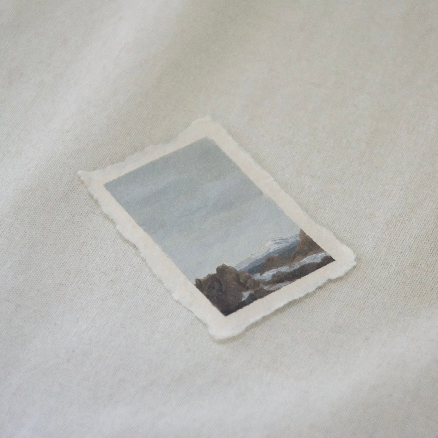 Side profile of view from Lassen volcanic peak, viewing Mount Shasta at Lassen Volcanic National Park painting on deckled edge 100% cotton rag paper