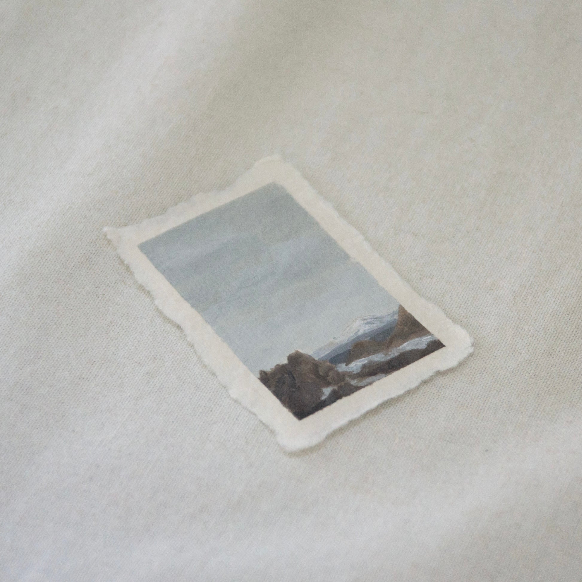 Side profile of view from Lassen volcanic peak, viewing Mount Shasta at Lassen Volcanic National Park painting on deckled edge 100% cotton rag paper