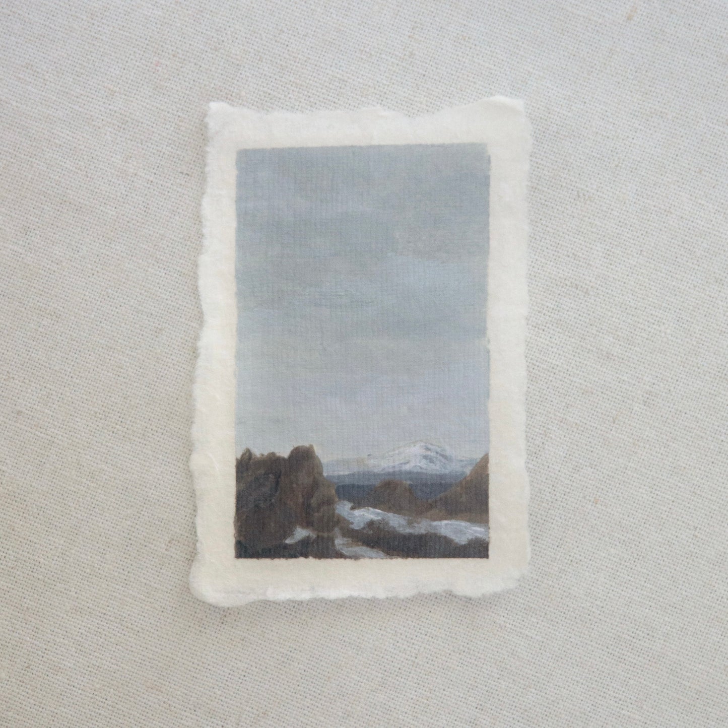 Lassen Volcanic peak view of Mount Shasta on the Lassen peak trail miniature acrylic painting from Lassen Volcanic National Park by Laura Van Moorleghem