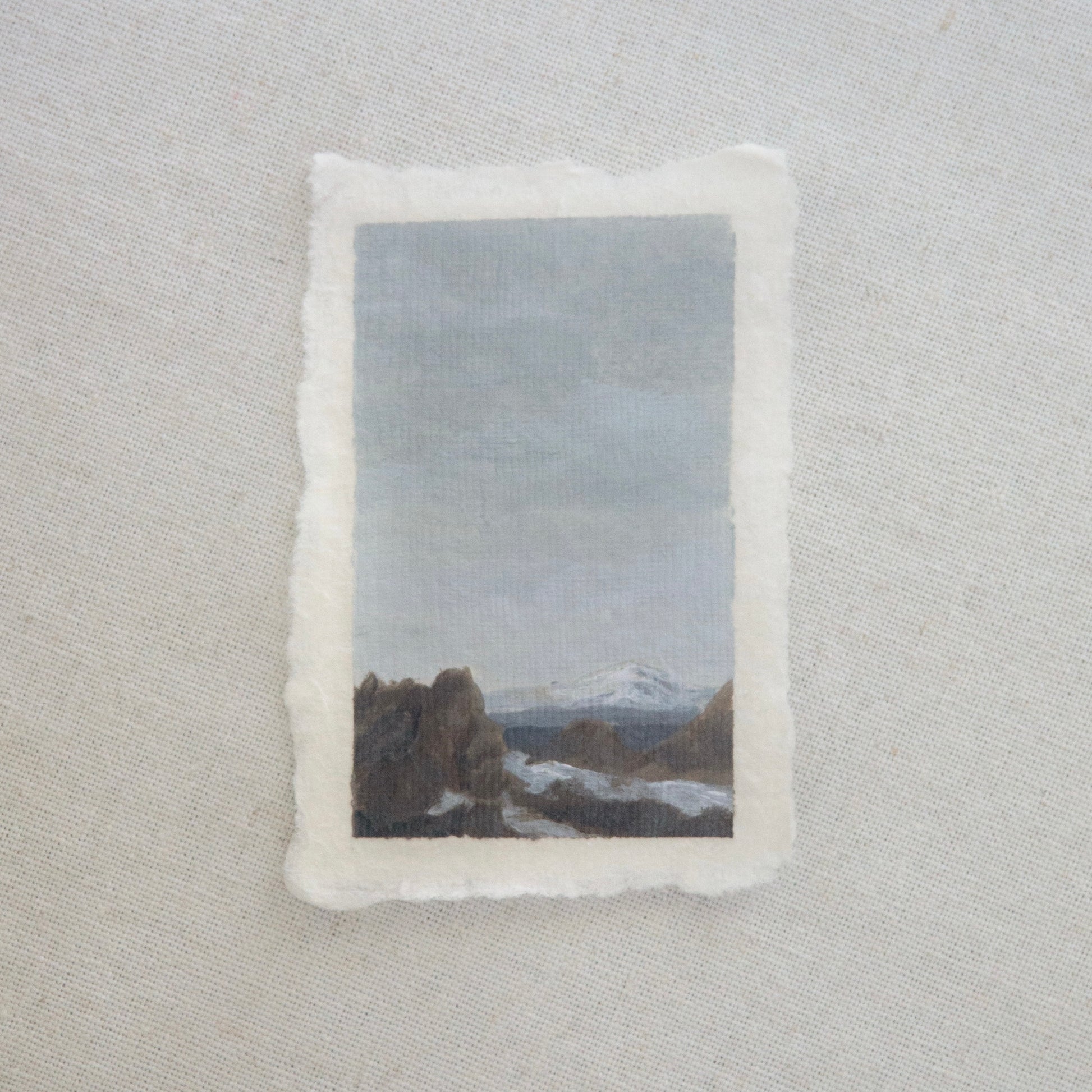 Lassen Volcanic peak view of Mount Shasta on the Lassen peak trail miniature acrylic painting from Lassen Volcanic National Park by Laura Van Moorleghem