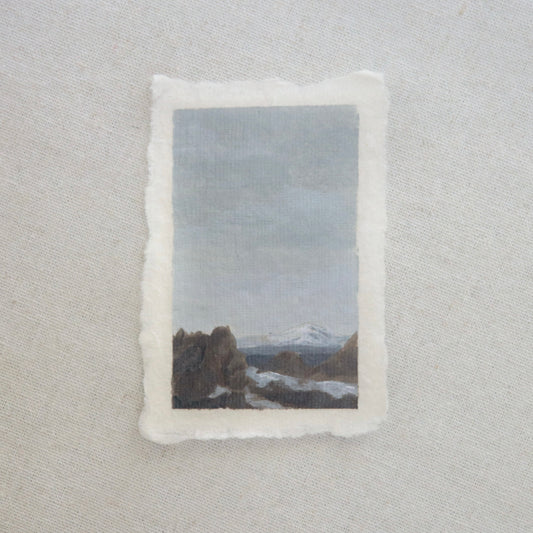 Lassen Volcanic peak view of Mount Shasta on the Lassen peak trail miniature acrylic painting from Lassen Volcanic National Park by Laura Van Moorleghem