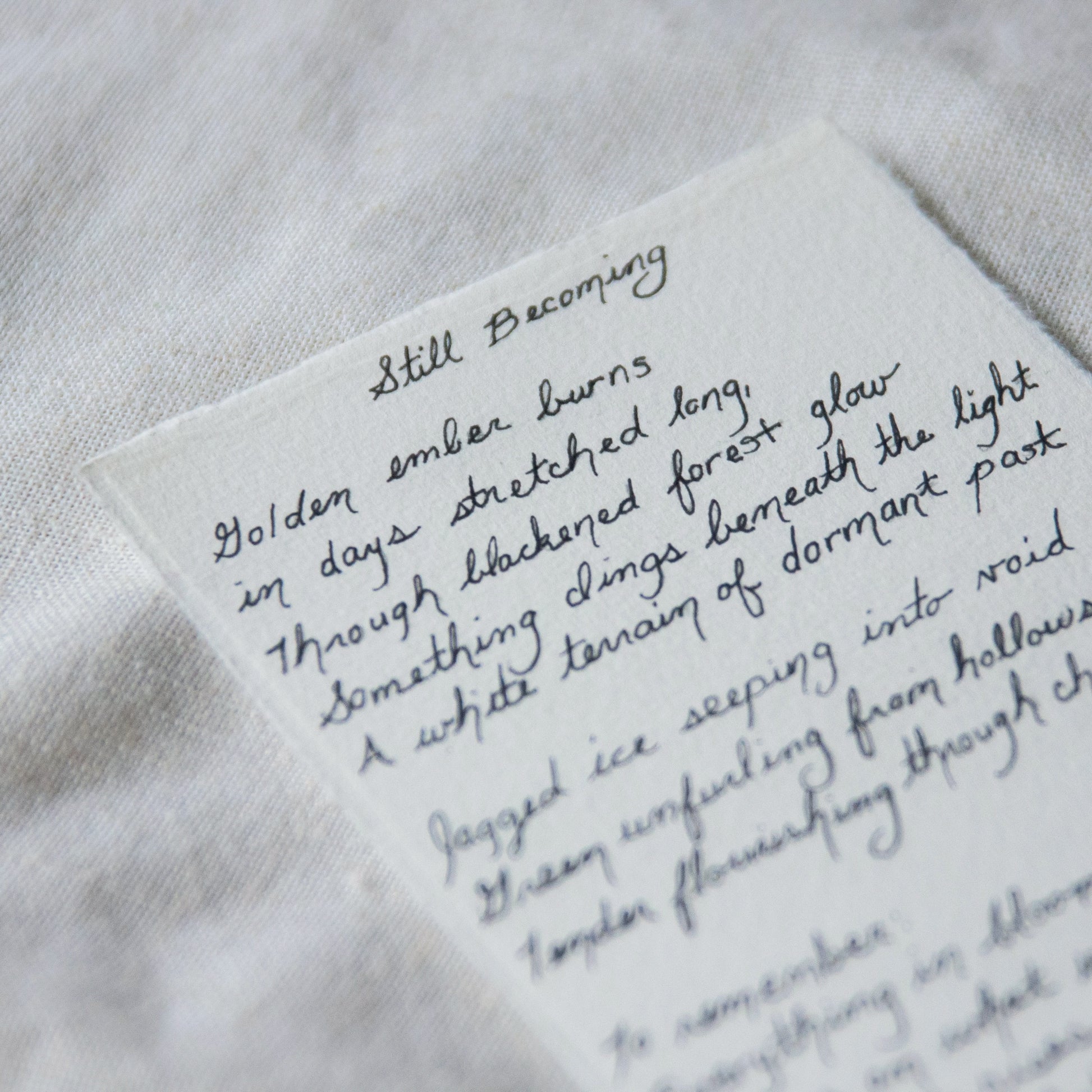 'Still Becoming' poem handwritten in cursive at Lassen Volcanic National Park for 'The Journey' collection