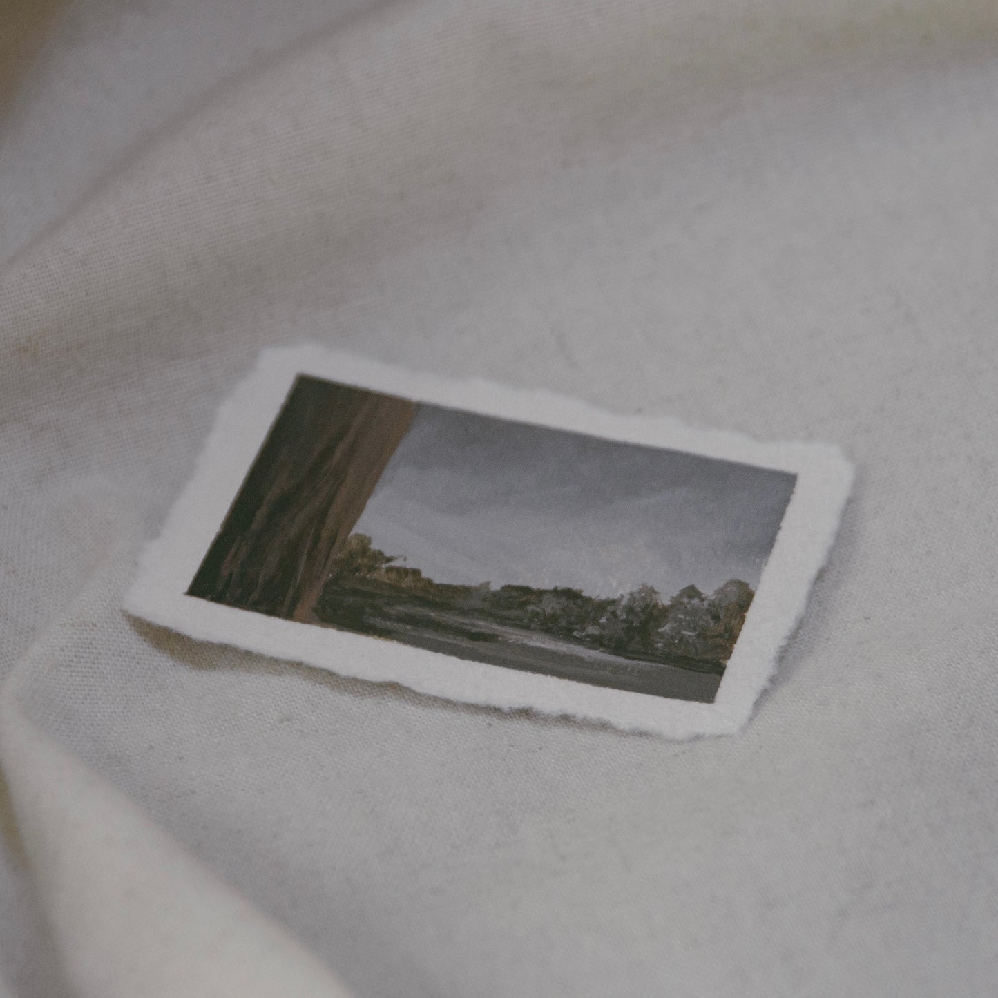 Side profile of sequoia trunk overlooking meadow in sequoia national park in a mini painting on deckled edge 100% cotton rag paper