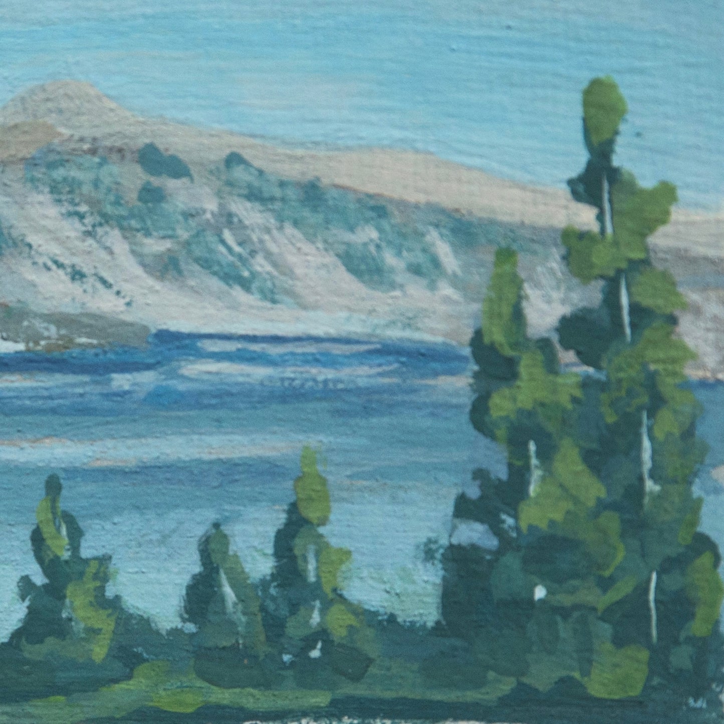 Close-up detail of plein air painting of pine trees and sun hitting mountains textures in Crater Lake National Park art
