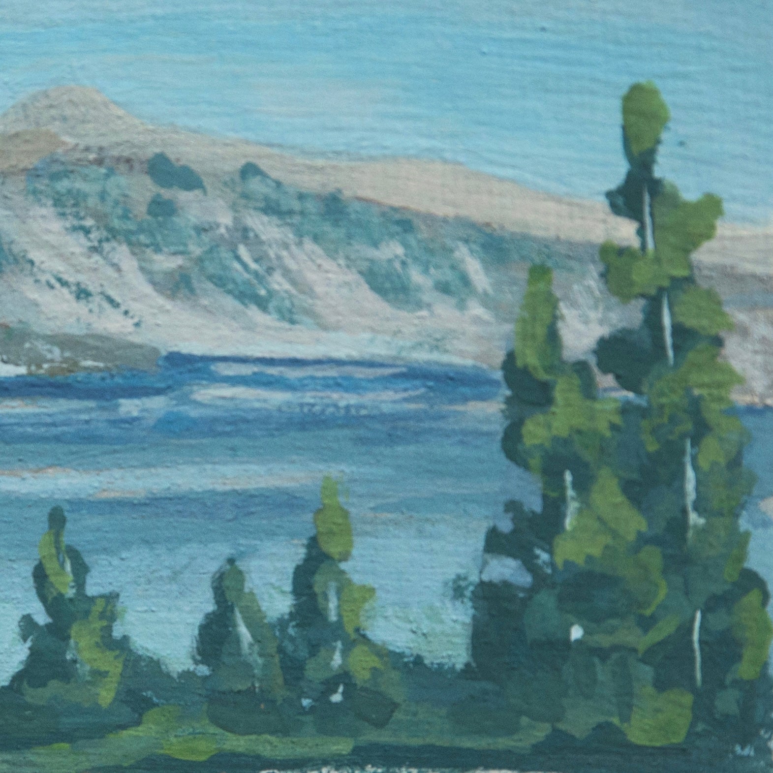 Close-up detail of plein air painting of pine trees and sun hitting mountains textures in Crater Lake National Park art