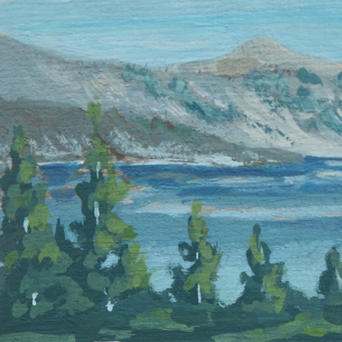 Close-up detail of plein air brushstrokes and green pine trees, tan mountains, and blue textures in Crater Lake National Park art