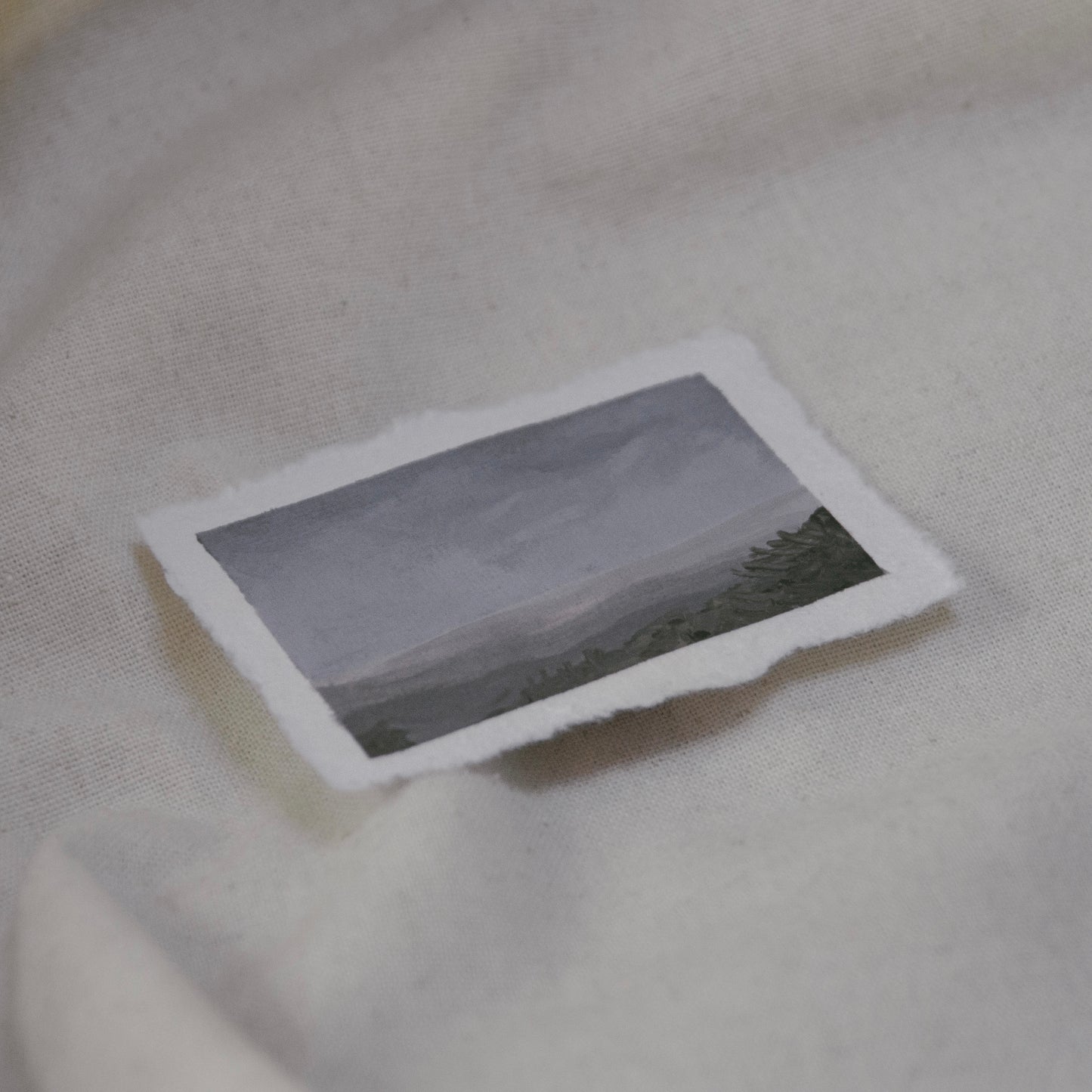Side profile of miniature painting of overlook in Sequoia National park on deckled edge 100% cotton rag paper