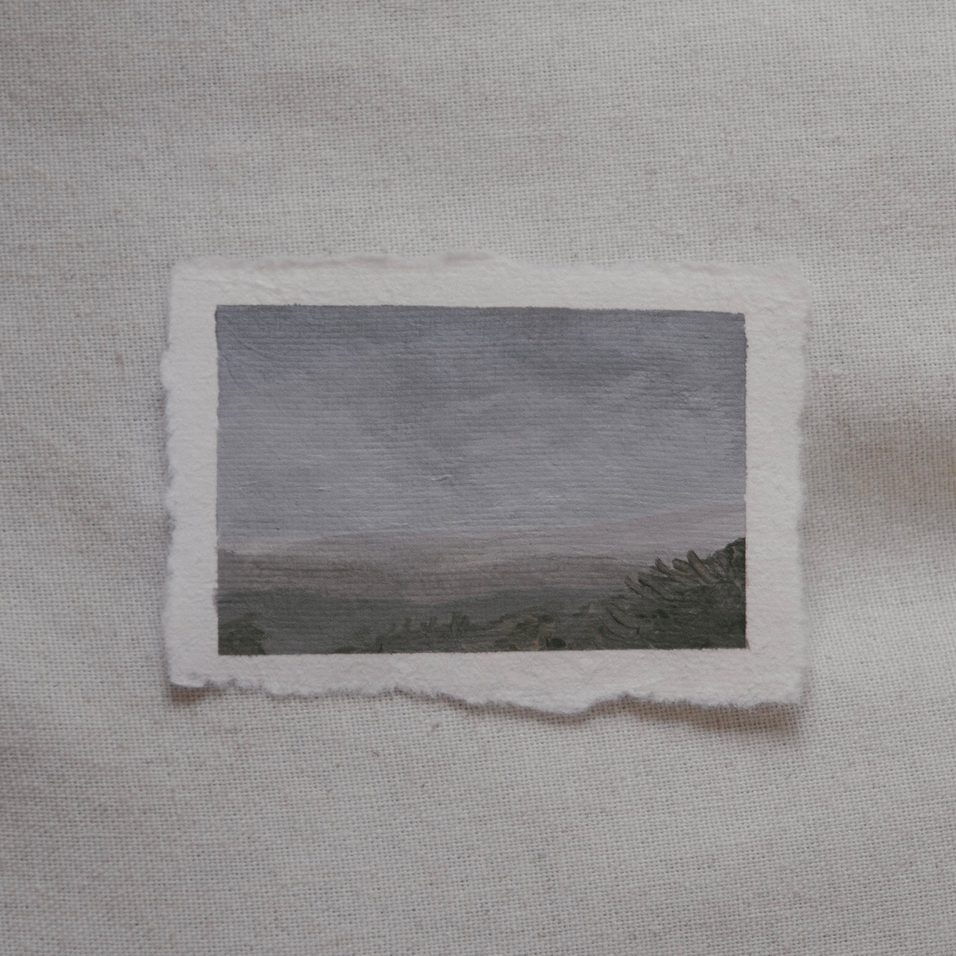 Sequoia misty overlook with grass in the foreground miniature acrylic painting from Sequoia National Park by Laura Van Moorleghem