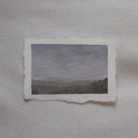 Sequoia misty overlook with grass in the foreground miniature acrylic painting from Sequoia National Park by Laura Van Moorleghem