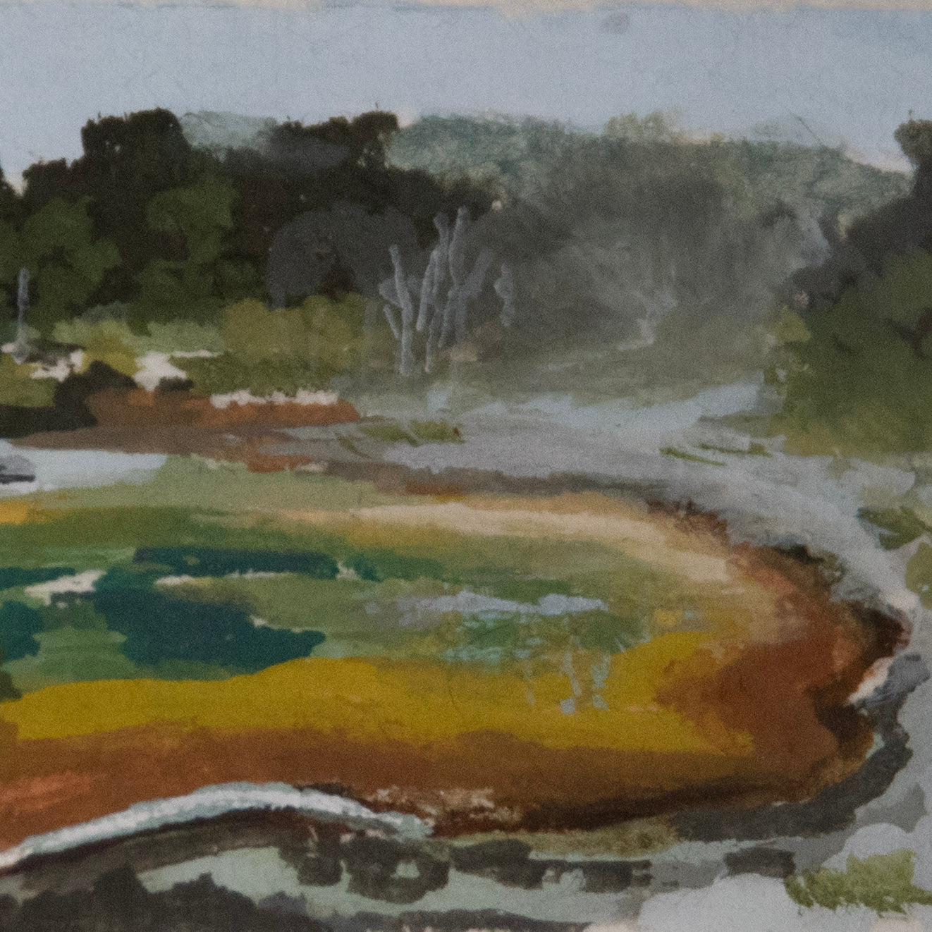 Close-up detail of plein air brushstrokes and geothermal textures at Morning Glory Pool in Yellowstone original art.