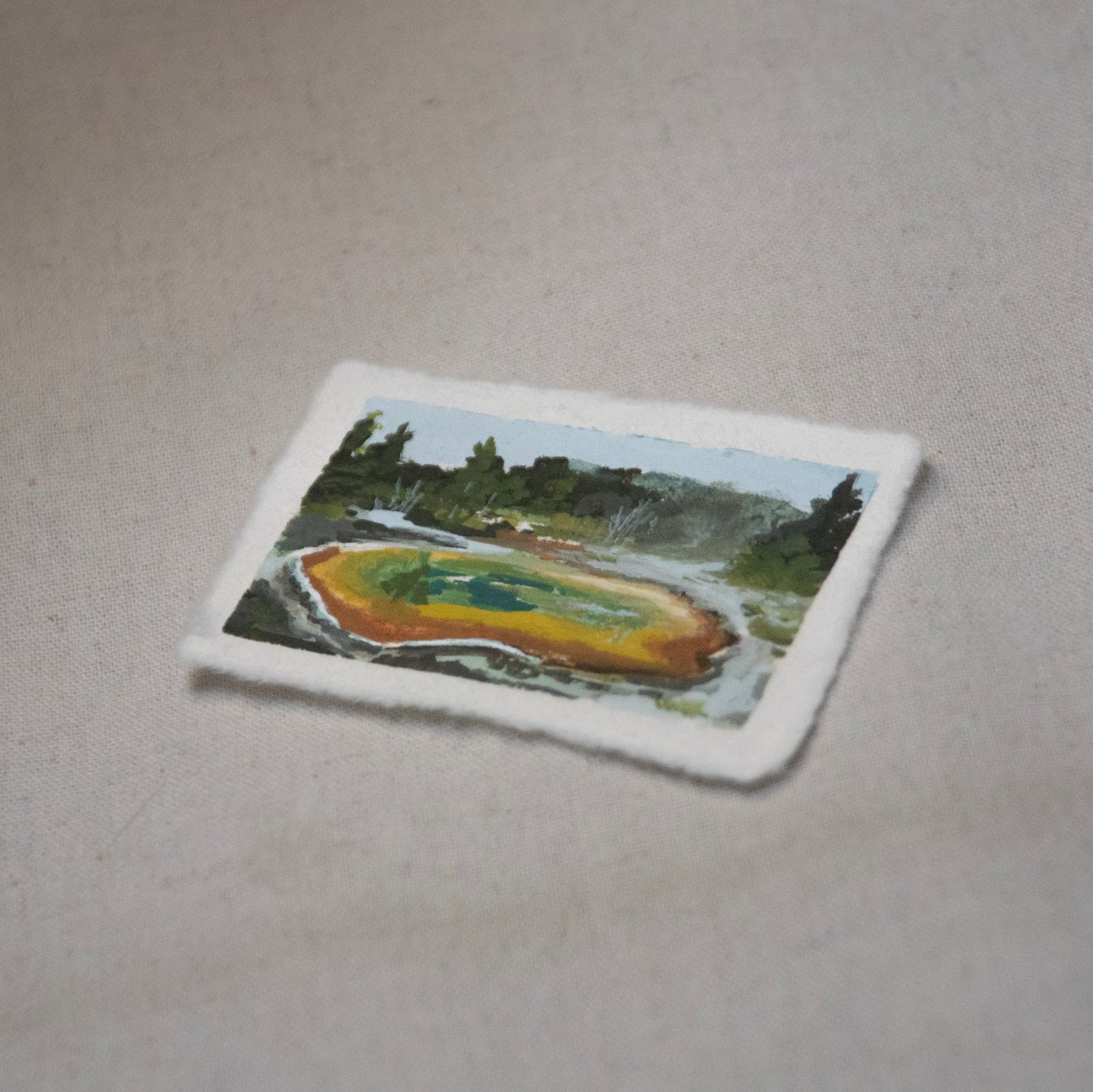 Side profile of Morning Glory Pool Yellowstone painting on deckled edge 100% cotton rag paper