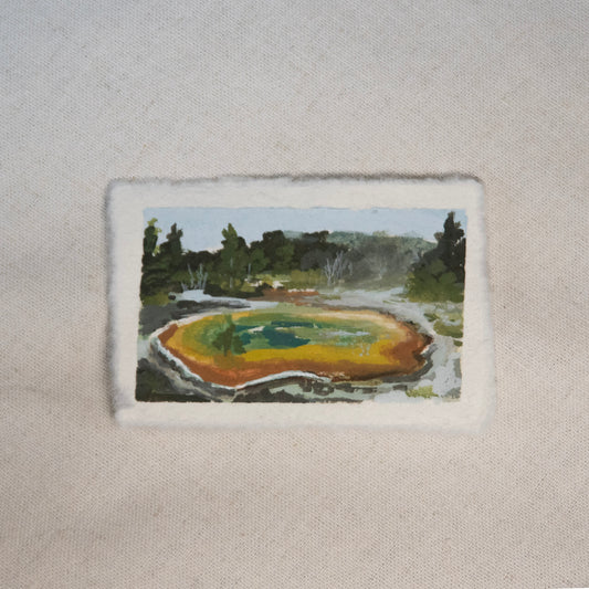 Morning Glory Pool miniature gouache painting from Yellowstone National Park by Laura Van Moorleghem