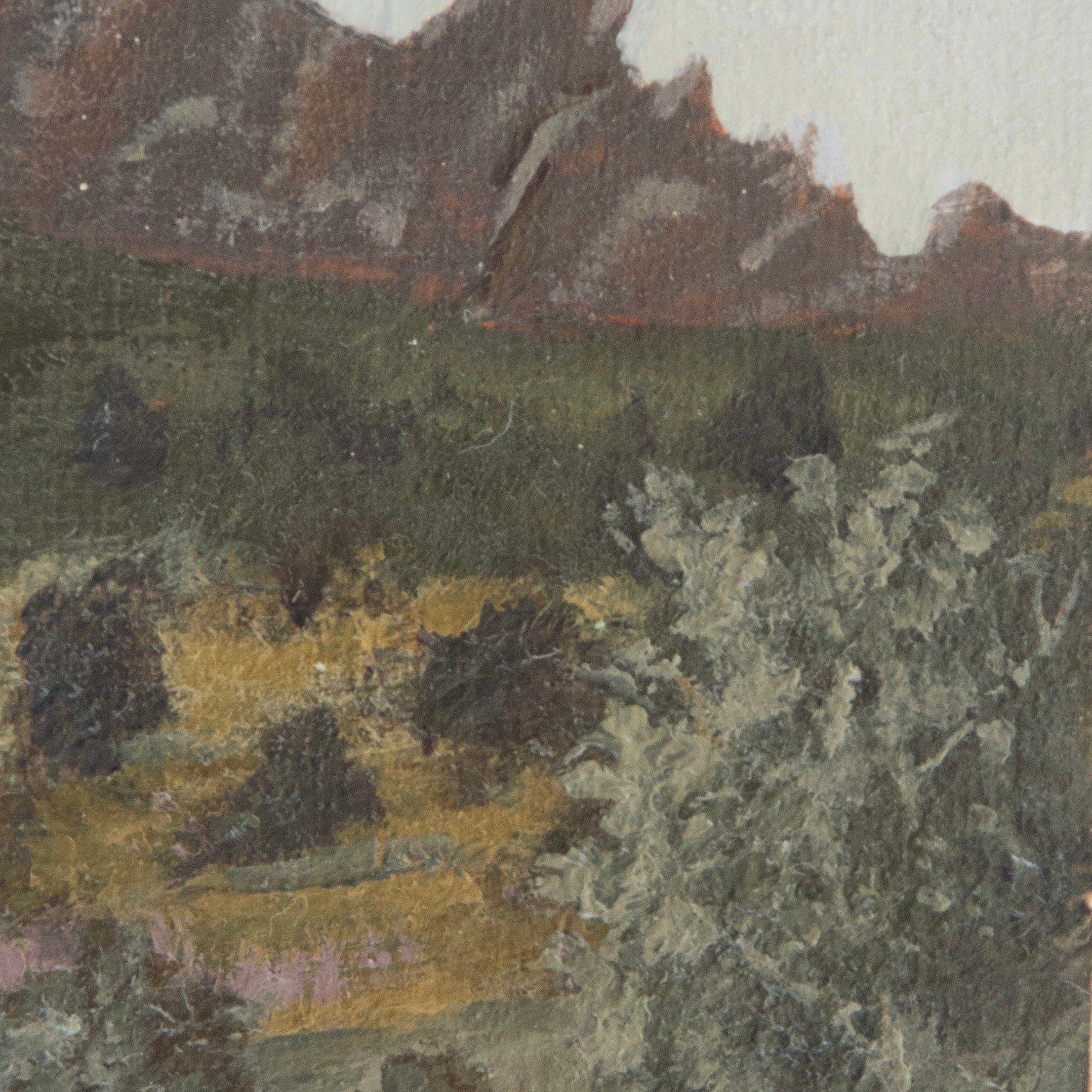 Close-up detail of plein air brushstrokes and jagged Pinnacles, yellow lush grass textures in Pinnacles National Park art