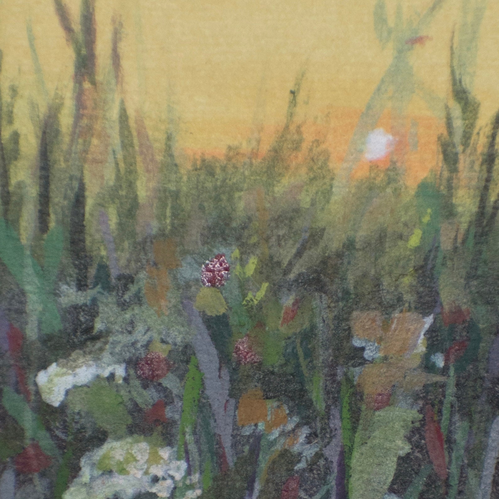 close-up art detail of a miniature floral field at sunset acrylic and gouache mini painting. for Mother's Day gift