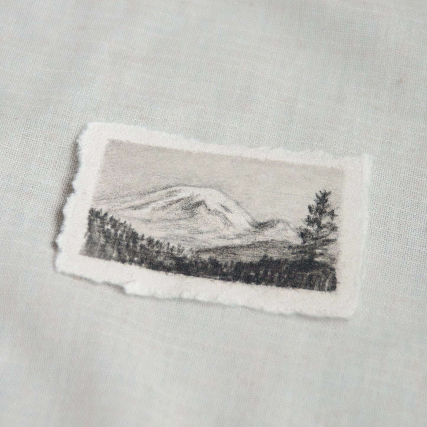 Side profile of a sketch of Mt. Rainier on 100% cotton deckled edge paper. donations to NPCA - Mount Rainier National Park