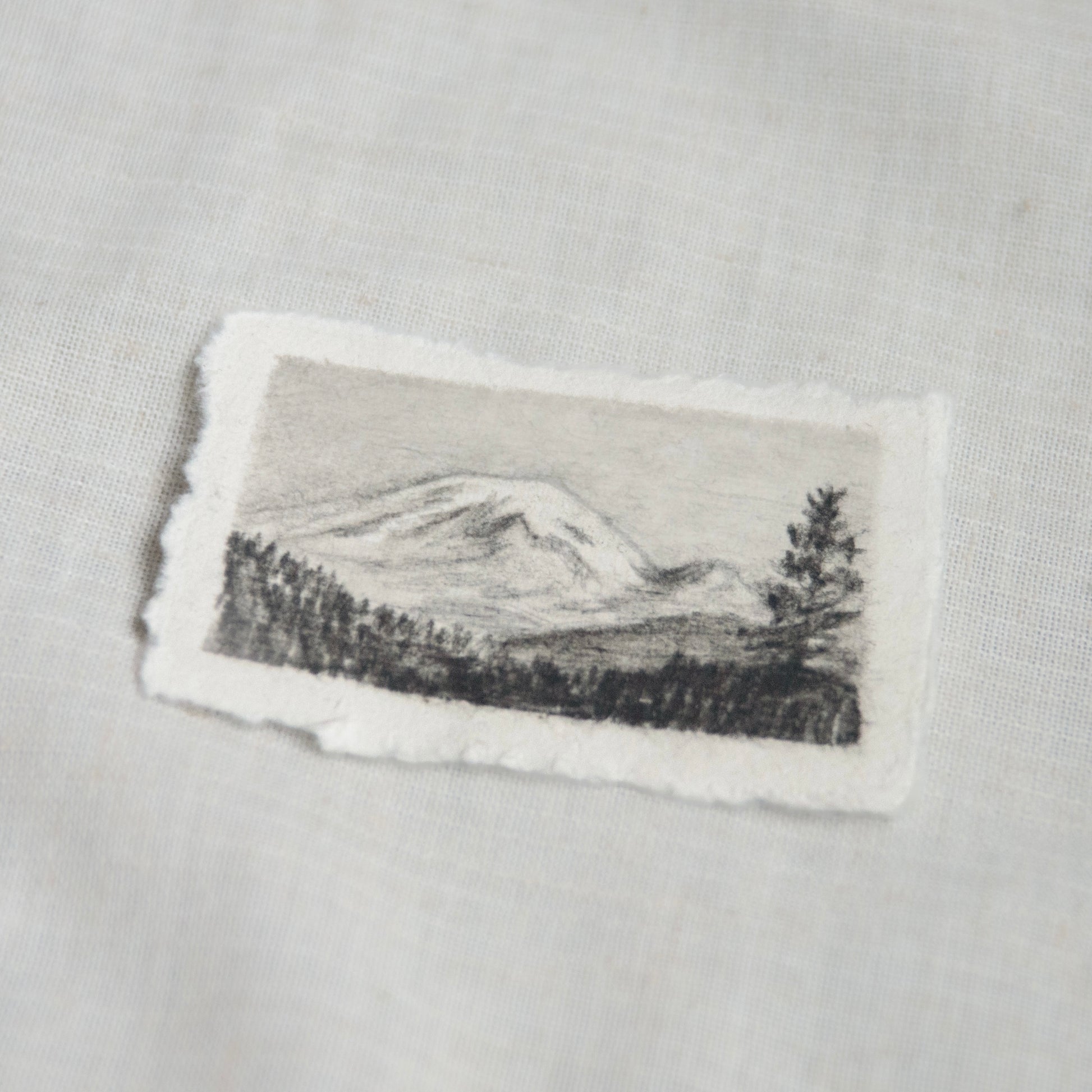 Side profile of a sketch of Mt. Rainier on 100% cotton deckled edge paper. donations to NPCA - Mount Rainier National Park