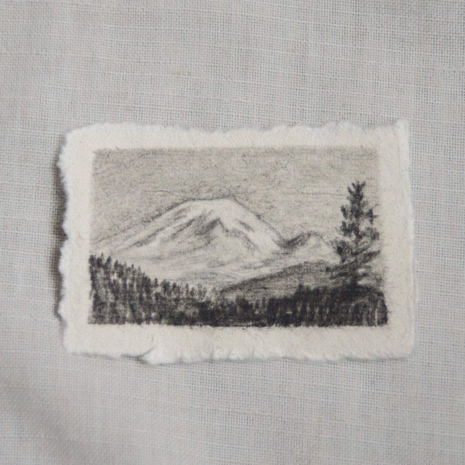 A sketch of Mt. Rainier in a landscape setting, executed in charcoal and pencil on deckled edge paper by Laura Van Moorleghem for 'for the land' collection