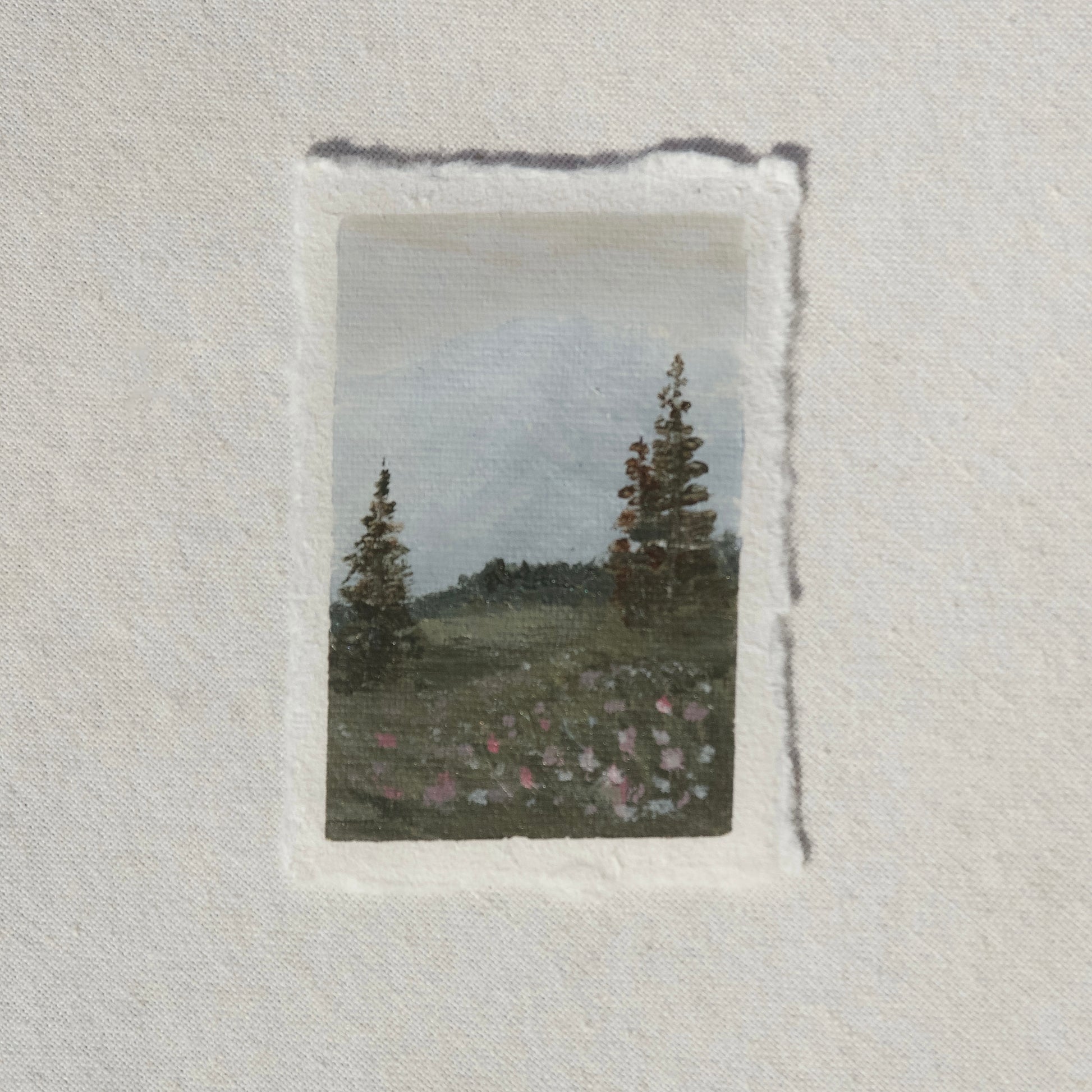 Mount rainier moody with pine trees miniature gouache painting from Mount Rainier National Park by Laura Van Moorleghem