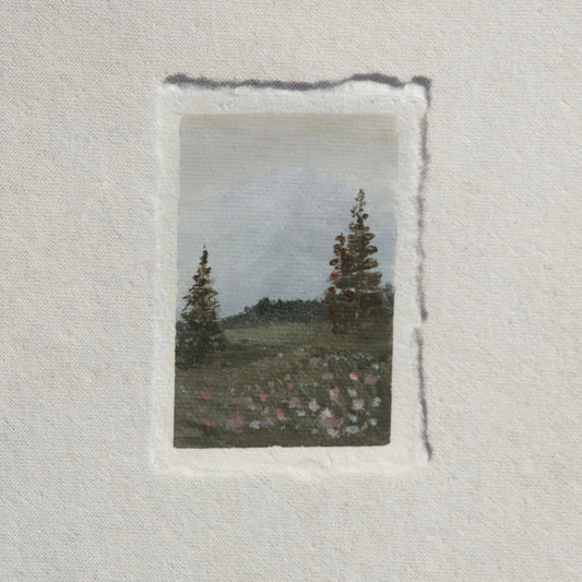 Mount rainier moody with pine trees miniature gouache painting from Mount Rainier National Park by Laura Van Moorleghem