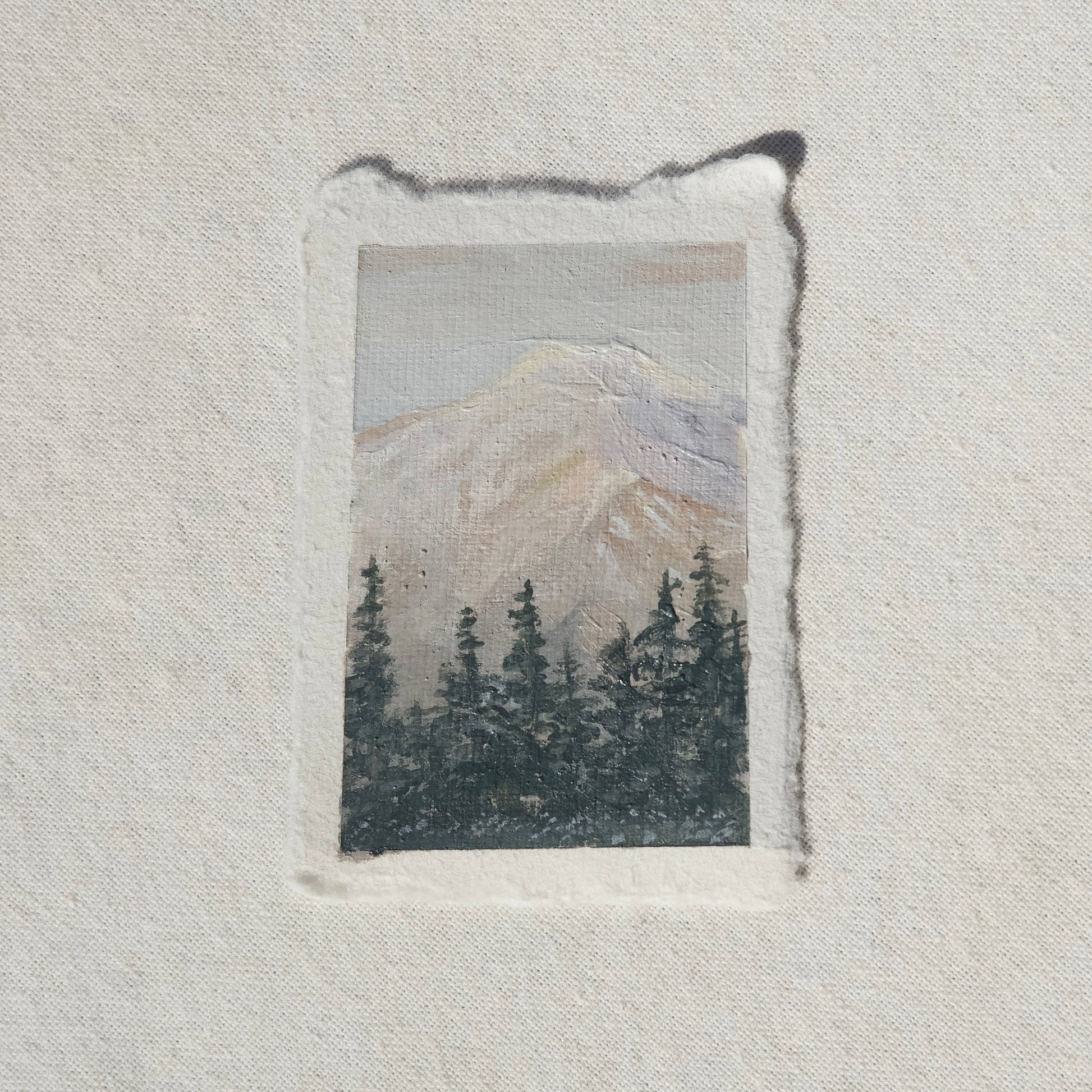miniature acrylic painting of mount rainier during sunrise with pine trees from Mount Rainier National Park by Laura Van Moorleghem