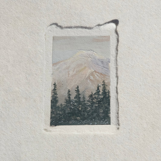miniature acrylic painting of mount rainier during sunrise with pine trees from Mount Rainier National Park by Laura Van Moorleghem