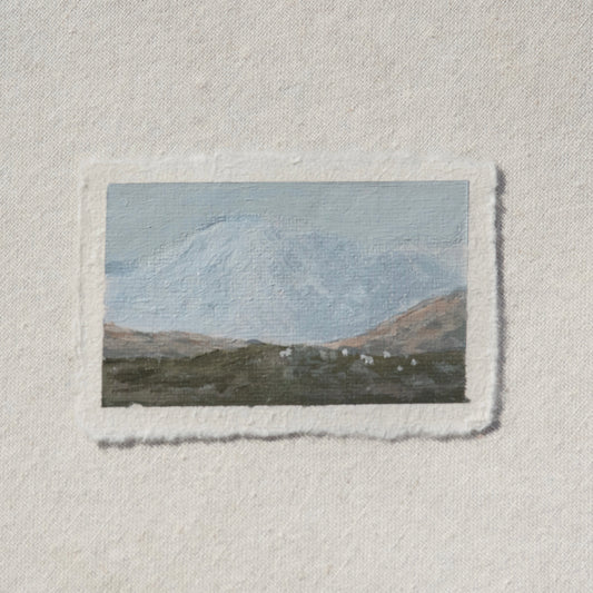Mount Rainier with mountain goats miniature gouache painting from Mount Rainier National Park by Laura Van Moorleghem