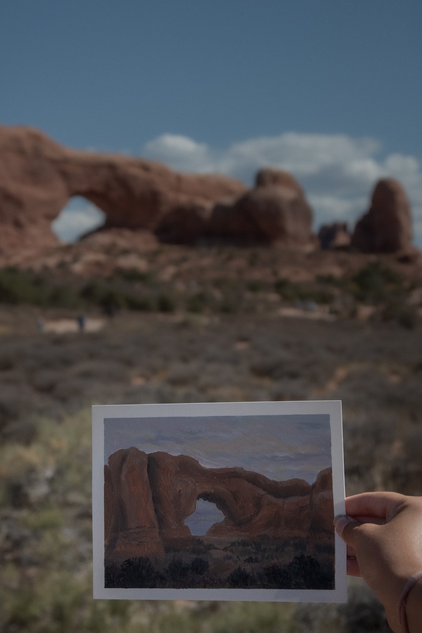 plein air painting of north window in arches national park