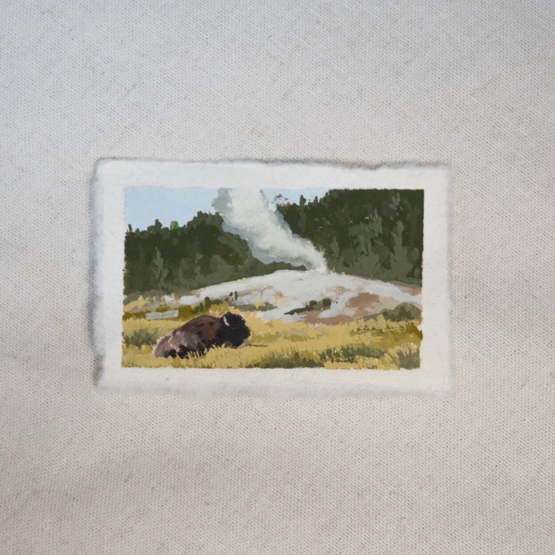 Old Faithful Geyser miniature gouache plain air painting from Yellowstone National Park by artist Laura Van Moorleghem