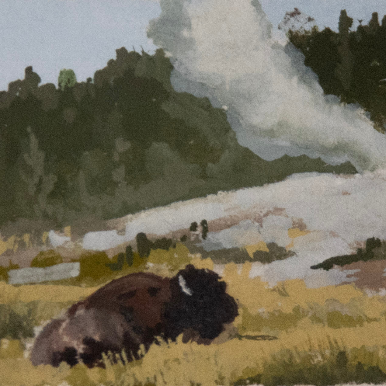 Close-up detail of plein air brushstrokes and geothermal textures in Old Faithful Geyser Yellowstone art