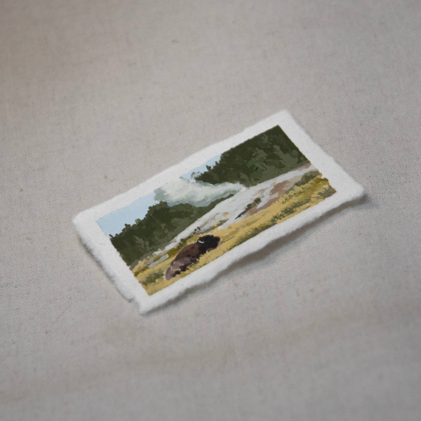 side profile of Old Faithful Geyser Yellowstone painting on deckled edge 100% cotton rag paper