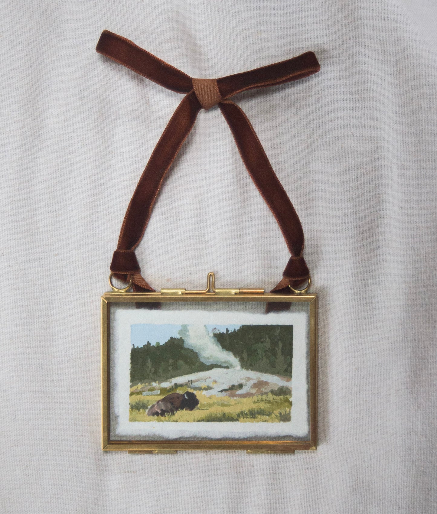 Framed Old Faithful Geyser miniature painting from 'The Journey' National Park collection with ribbon