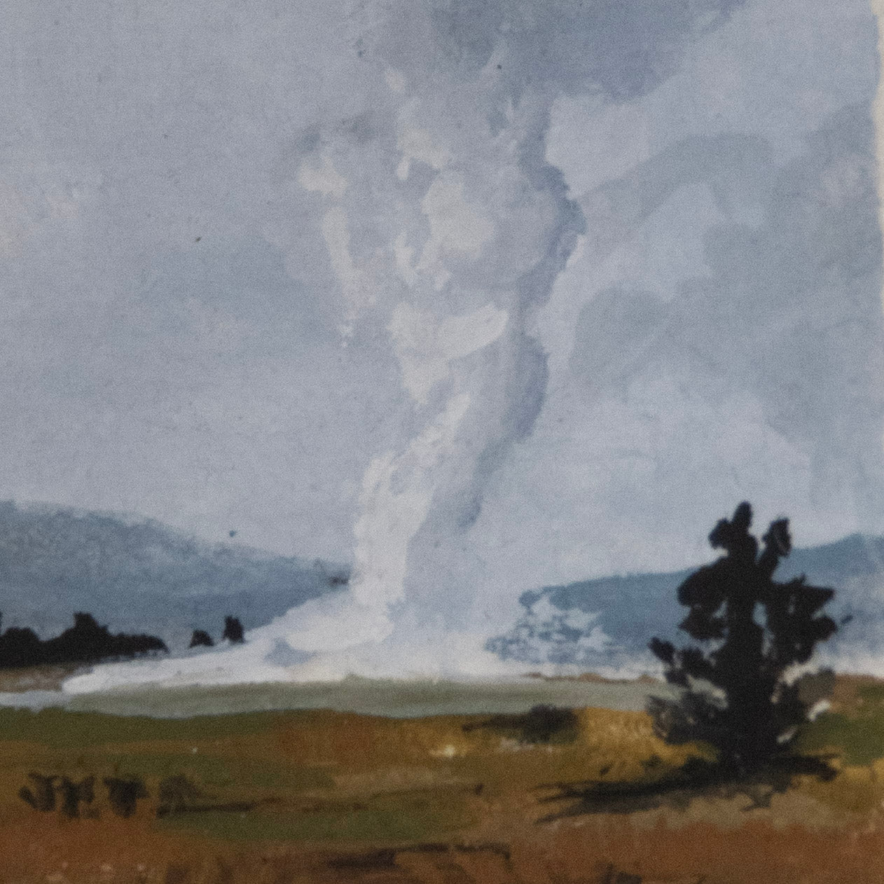 Close-up detail of plein air brushstrokes and geothermal textures in Old Faithful Geyser Yellowstone art.