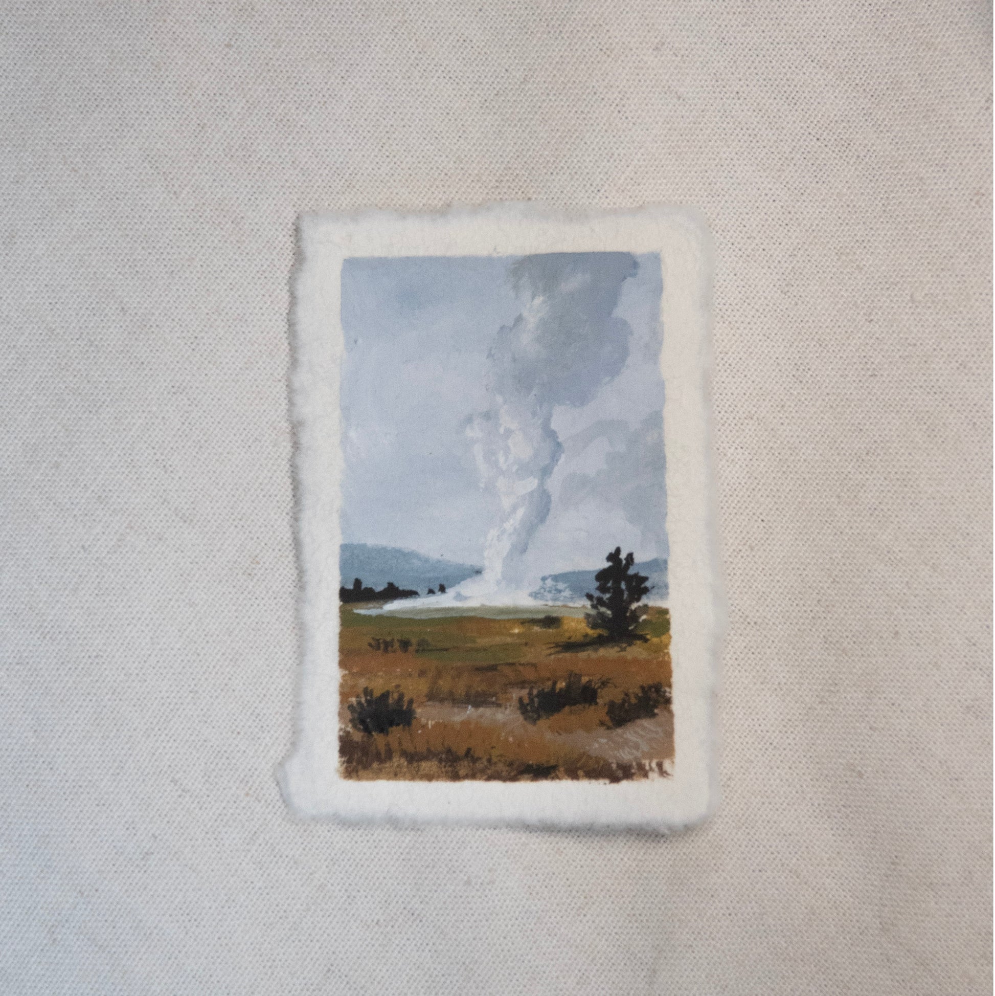 Old Faithful Geyser miniature gouache painting from Yellowstone National Park by Laura Van Moorleghem