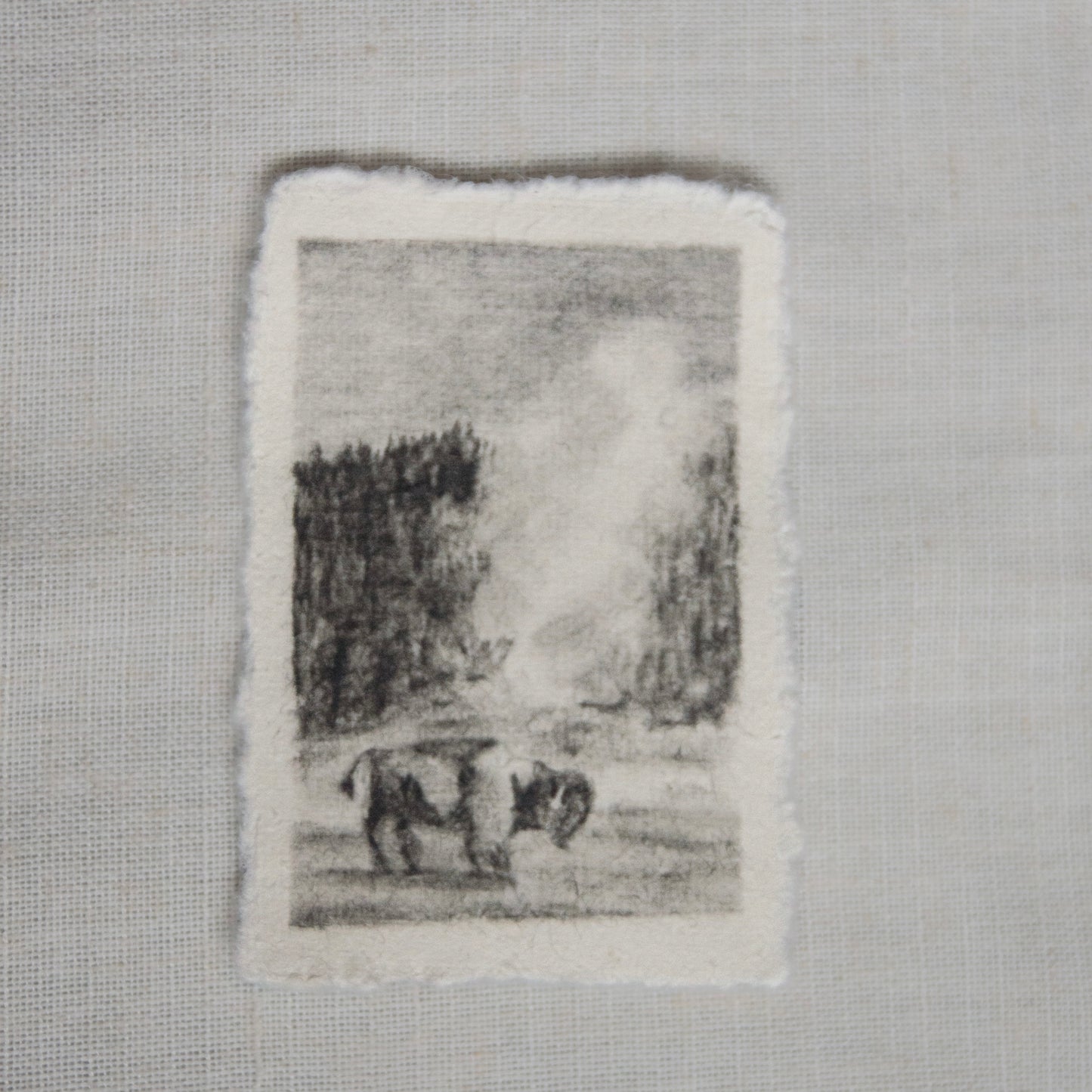 A charcoal sketch of Old Faithful in Yellowstone National Park with bison standing in front of old faithful geyser on deckled edge paper by Laura Van Moorleghem