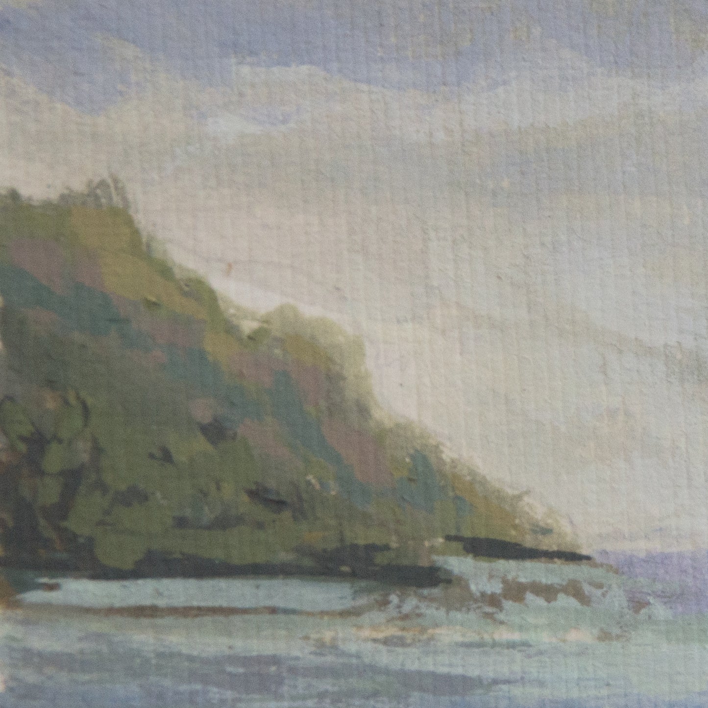 Close-up detail of plein air brushstrokes and lush green hillside textures in Channel Islands National Park art